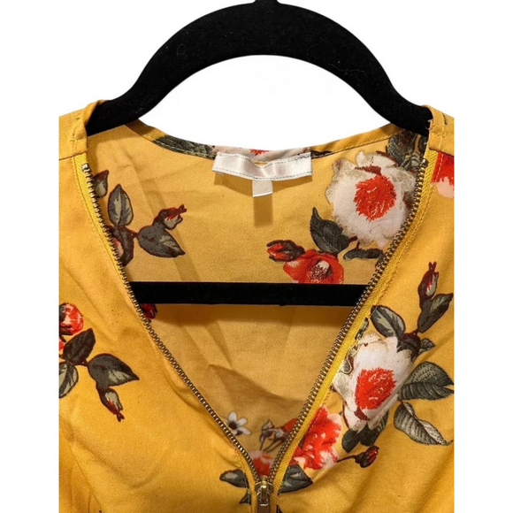 Stella tweed Mustard Floral Bohemian Empire Waist summer Dress 3/4 sleeve cuffed - Picture 3 of 8